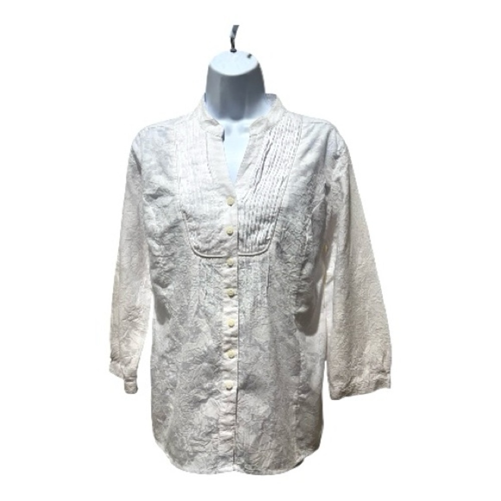JM Collection White Jacquard Floral Blouse Pleated Bib Button Front Size 10